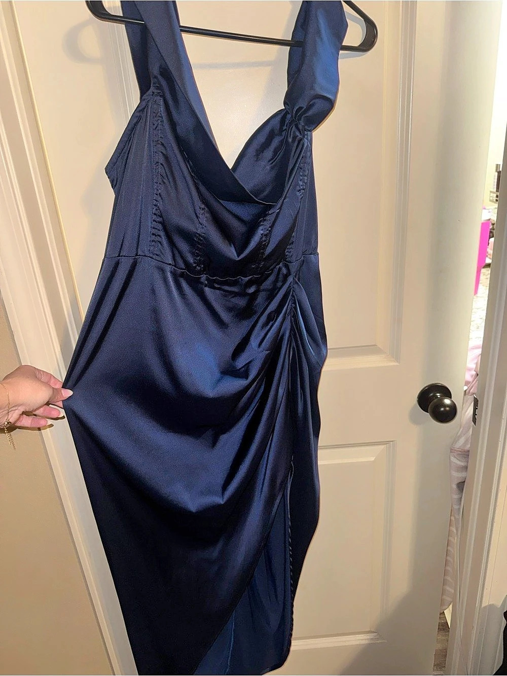 Satin-Look Ruched Midi Dress in Blue Like New